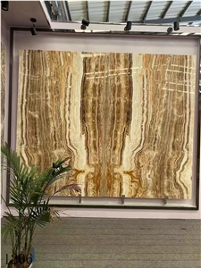 Golden Line Onyx Gold Yellow Wooden Slab In China Market