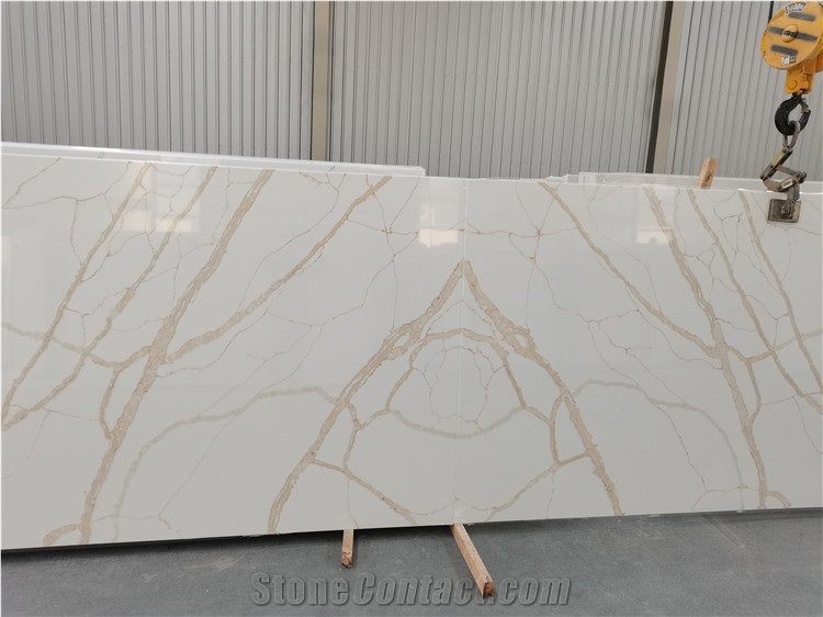 Super White Background With Gold Veins Calacatta Quartz Slab