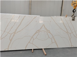 Super White Background With Gold Veins Calacatta Quartz Slab