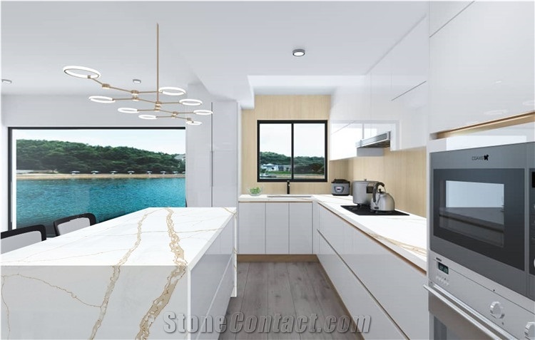 Super White Background With Gold Veins Calacatta Quartz Slab