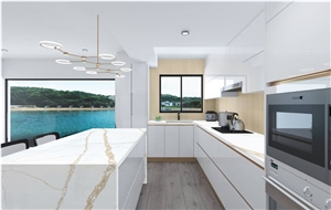 Super White Background With Gold Veins Calacatta Quartz Slab