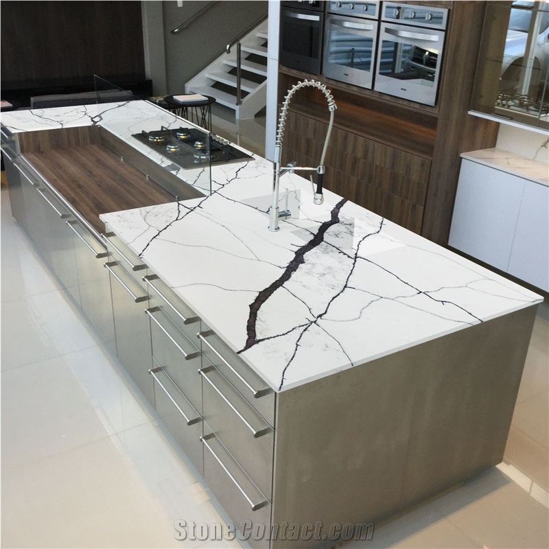 White Calacatta Quartz Slab Artificial Stone Countertop