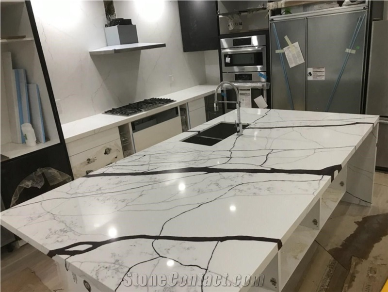 White Calacatta Quartz Slab Artificial Stone Countertop