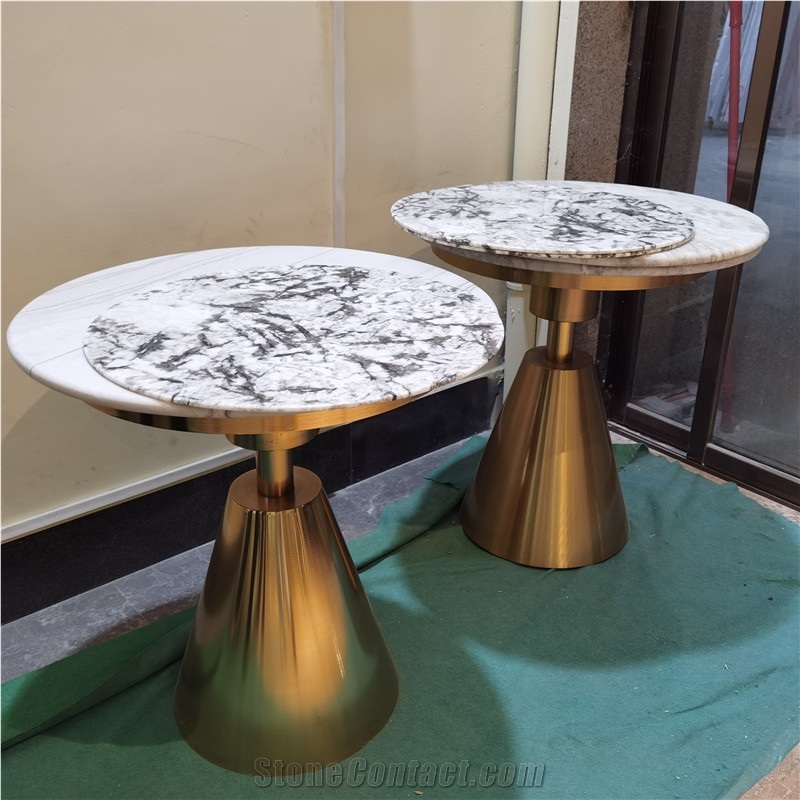 Exotic Stone Stainless Steel Round Coffee Table Set