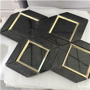 Water-Jet Gold Color Brass With Marble Tiles Mosaic For Wall