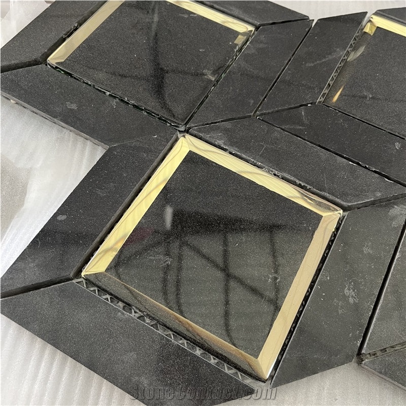 Water-Jet Gold Color Brass With Marble Tiles Mosaic For Wall