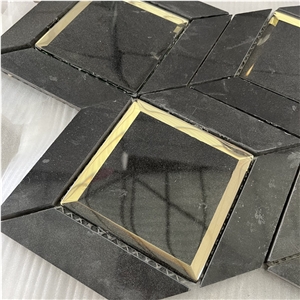 Water-Jet Gold Color Brass With Marble Tiles Mosaic For Wall