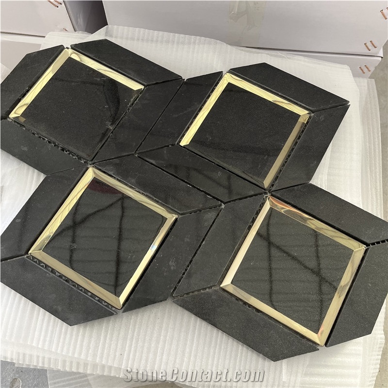 Water-Jet Gold Color Brass With Marble Tiles Mosaic For Wall