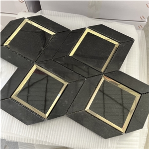 Water-Jet Gold Color Brass With Marble Tiles Mosaic For Wall