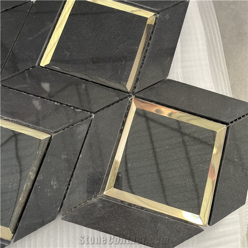 Water-Jet Gold Color Brass With Marble Tiles Mosaic For Wall