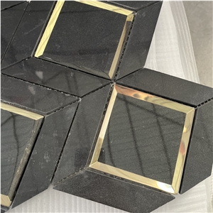 Water-Jet Gold Color Brass With Marble Tiles Mosaic For Wall