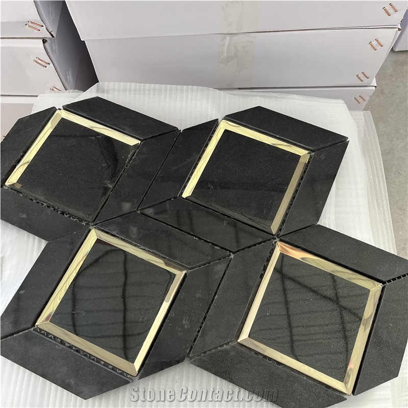 Water-Jet Gold Color Brass With Marble Tiles Mosaic For Wall