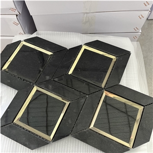 Water-Jet Gold Color Brass With Marble Tiles Mosaic For Wall