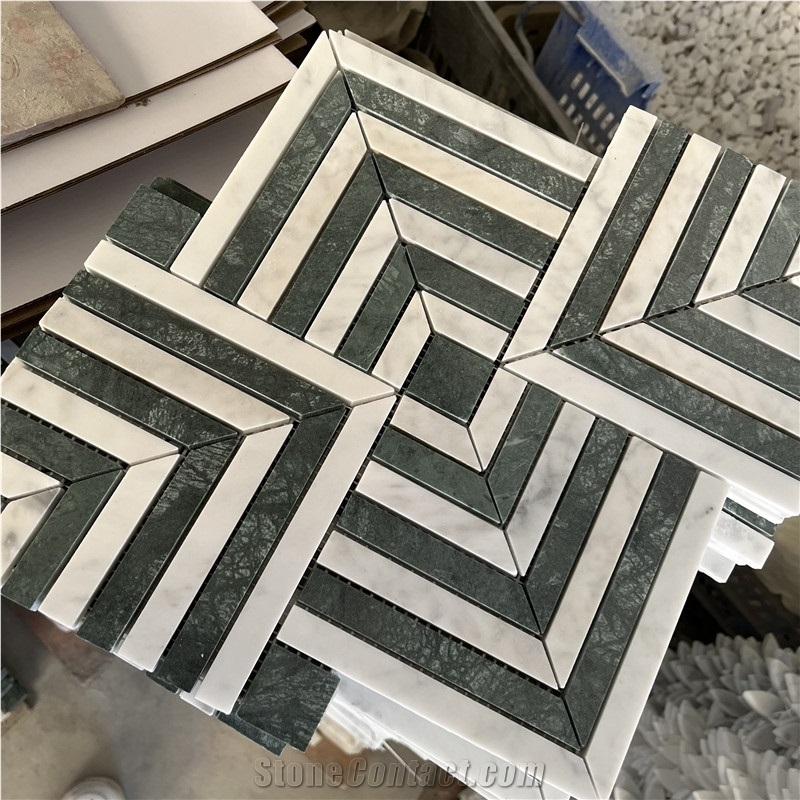 White Marble And Green Marble Herringbone Mosaic Tiles Price