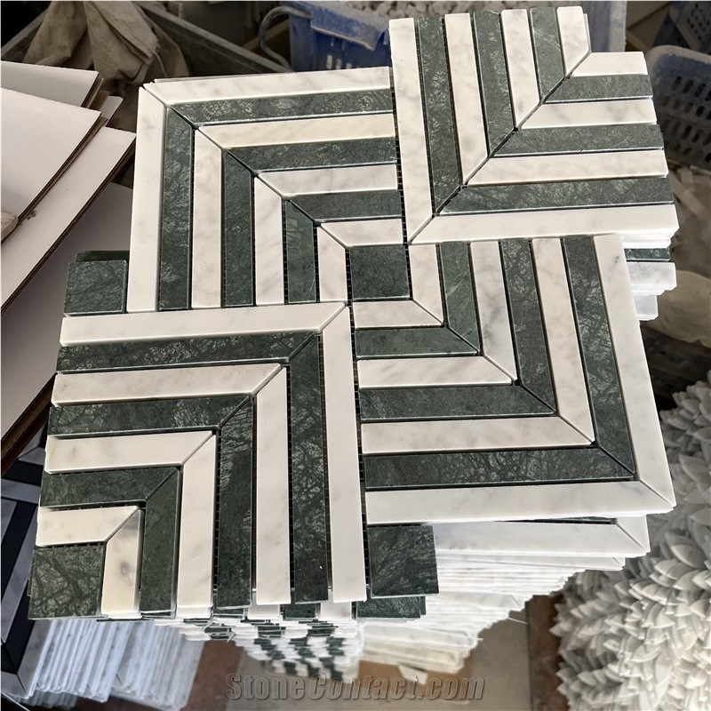 White Marble And Green Marble Herringbone Mosaic Tiles Price