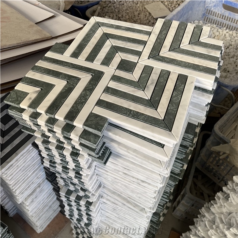 White Marble And Green Marble Herringbone Mosaic Tiles Price