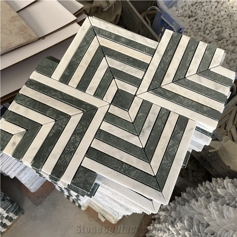 White Marble And Green Marble Herringbone Mosaic Tiles Price
