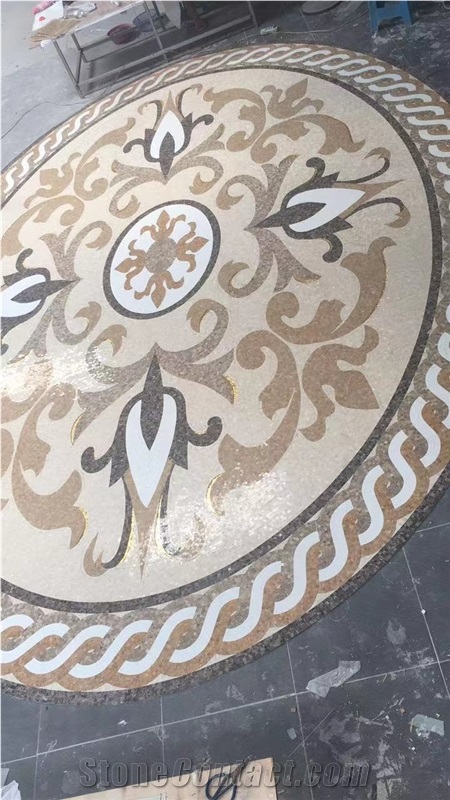 Slate And White Quartzite Inlaid Stone Mosaic Medallion- Stone Floor Medallions
