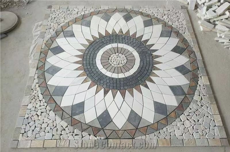 Stone Mosaic Floor Medallion Tumbled Grey Quartzite Rosettes