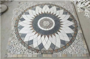 Stone Mosaic Floor Medallion Tumbled Grey Quartzite Rosettes