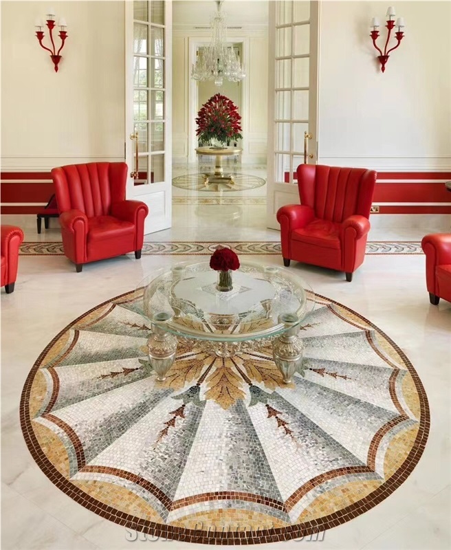 Stone Mosaic Floor Medallion Tumbled Grey Quartzite Rosettes