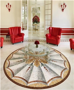 Stone Mosaic Floor Medallion Tumbled Grey Quartzite Rosettes