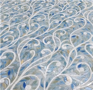 Blue Leaves Pattern Iredescent Glass Mural Bathroom Mosaic