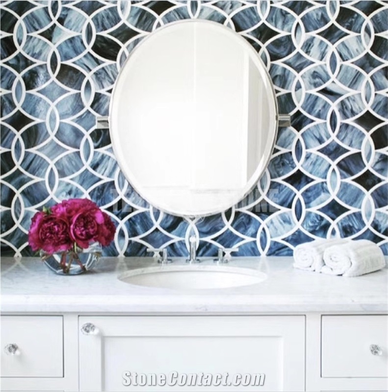 Blue Water Jet Stained Unique Glass Mosaic Tile For Bathroom