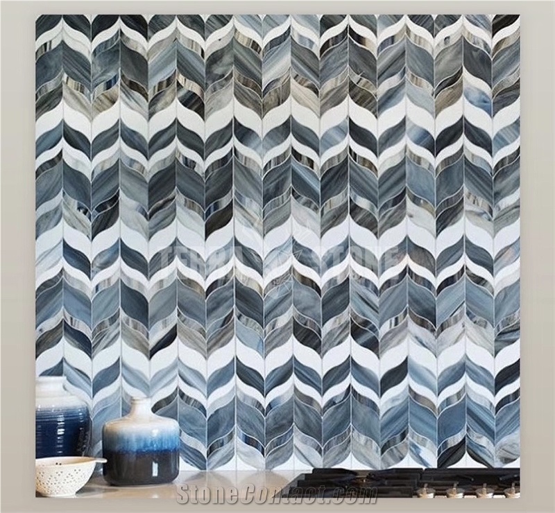 Blue Water Jet Stained Unique Glass Mosaic Tile For Bathroom