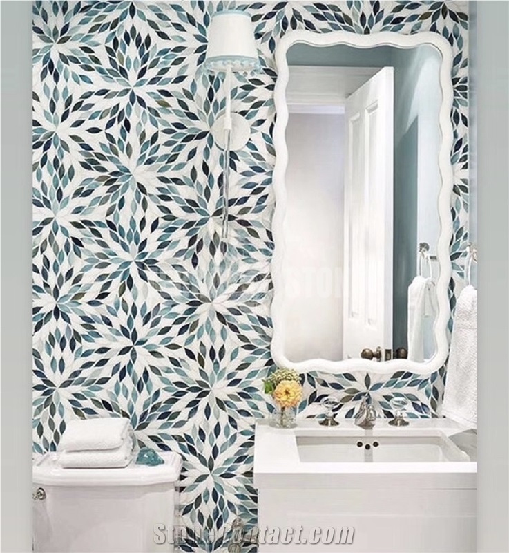 Blue Water Jet Stained Unique Glass Mosaic Tile For Bathroom