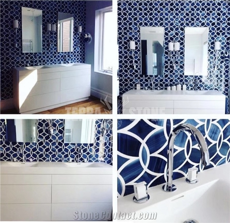 Blue Water Jet Stained Unique Glass Mosaic Tile For Bathroom