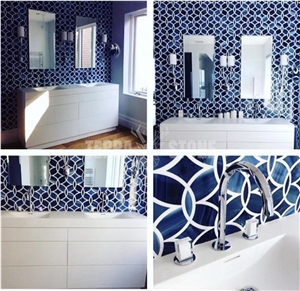 Blue Water Jet Stained Unique Glass Mosaic Tile For Bathroom