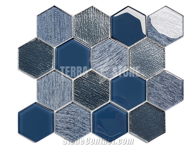 Wholesale Blue Glass Mosaic Hexagon Wall Tiles Decorative