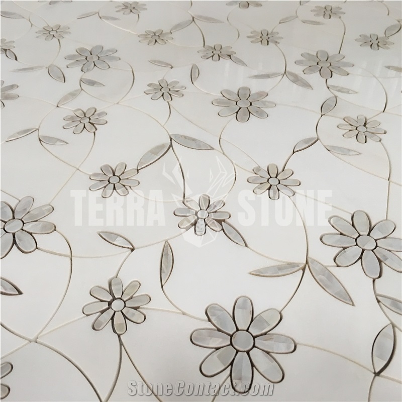 Artistic Flower Design White Stone Waterjet Mosaic Tile