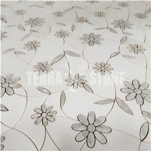 Artistic Flower Design White Stone Waterjet Mosaic Tile