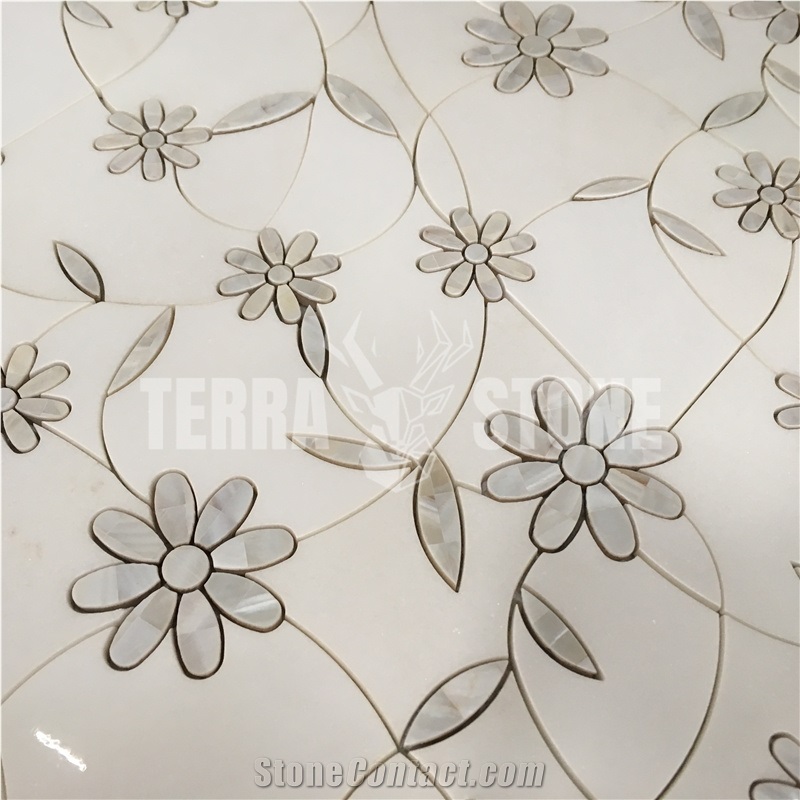 Artistic Flower Design White Stone Waterjet Mosaic Tile