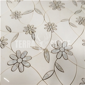 Artistic Flower Design White Stone Waterjet Mosaic Tile