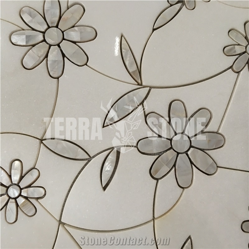 Artistic Flower Design White Stone Waterjet Mosaic Tile