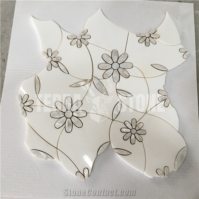 Artistic Flower Design White Stone Waterjet Mosaic Tile