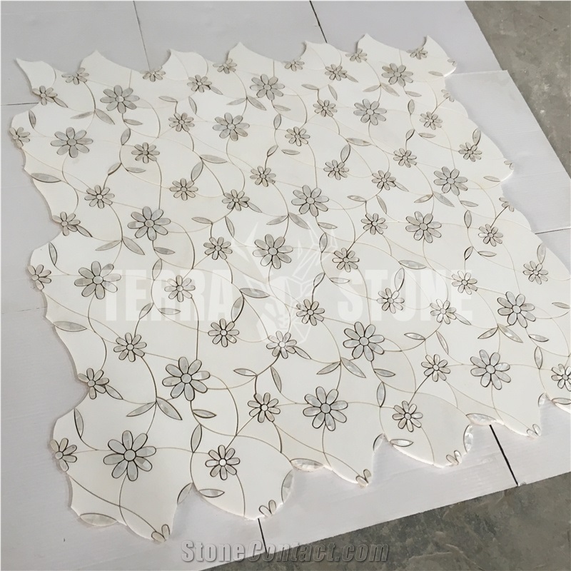 Artistic Flower Design White Stone Waterjet Mosaic Tile