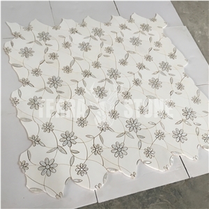 Artistic Flower Design White Stone Waterjet Mosaic Tile