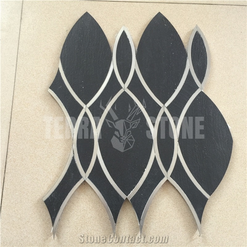 Black Ceramic With Metal Inlay Waterjet Mosaic Tile