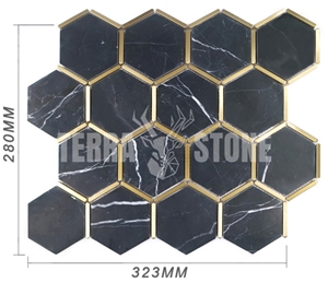 Black Marble Hexagon Mosaic With Brass Inlay Tile