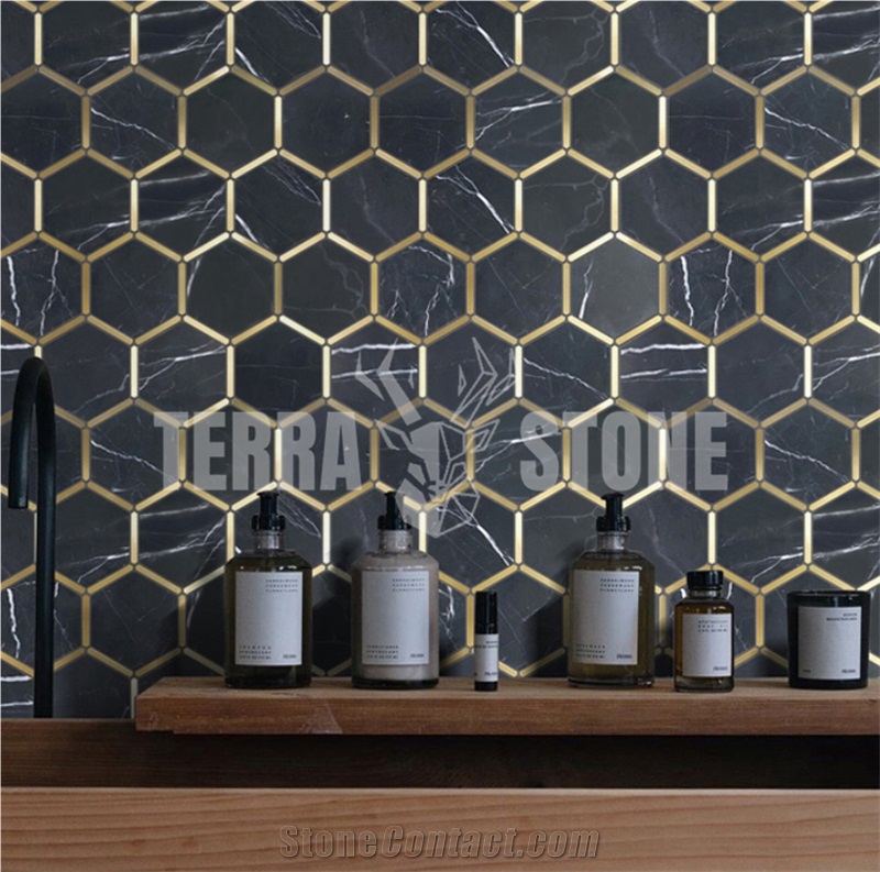 Black Marble Hexagon Mosaic With Brass Inlay Tile