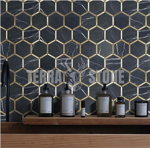 Black Marble Hexagon Mosaic With Brass Inlay Tile