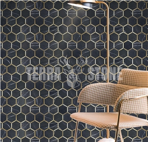 Black Marble Hexagon Mosaic With Brass Inlay Tile