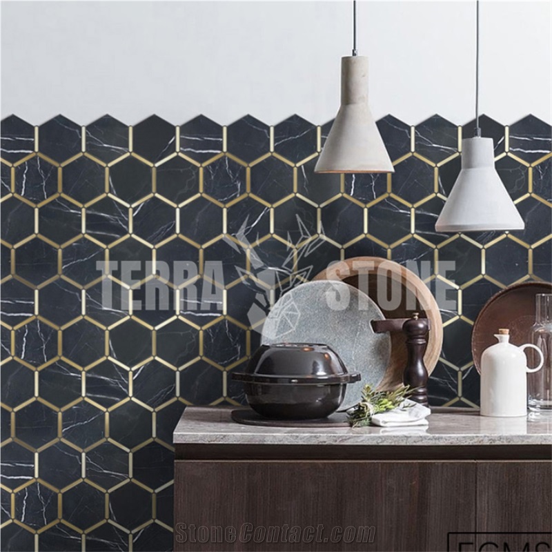 Black Marble Hexagon Mosaic With Brass Inlay Tile