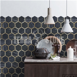 Black Marble Hexagon Mosaic With Brass Inlay Tile