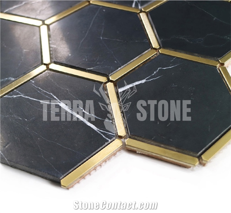 Black Marble Hexagon Mosaic With Brass Inlay Tile