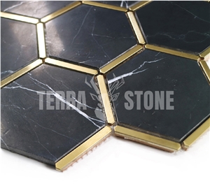 Black Marble Hexagon Mosaic With Brass Inlay Tile